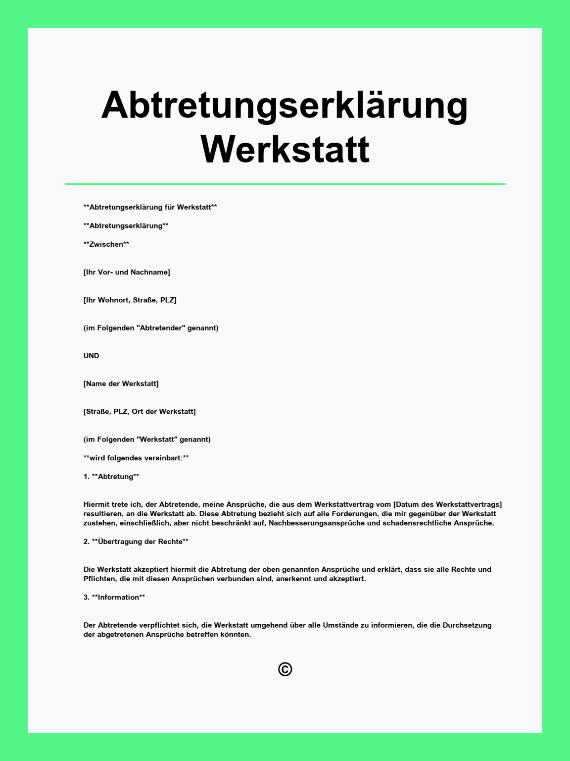 Abtretungserklärung Werkstatt