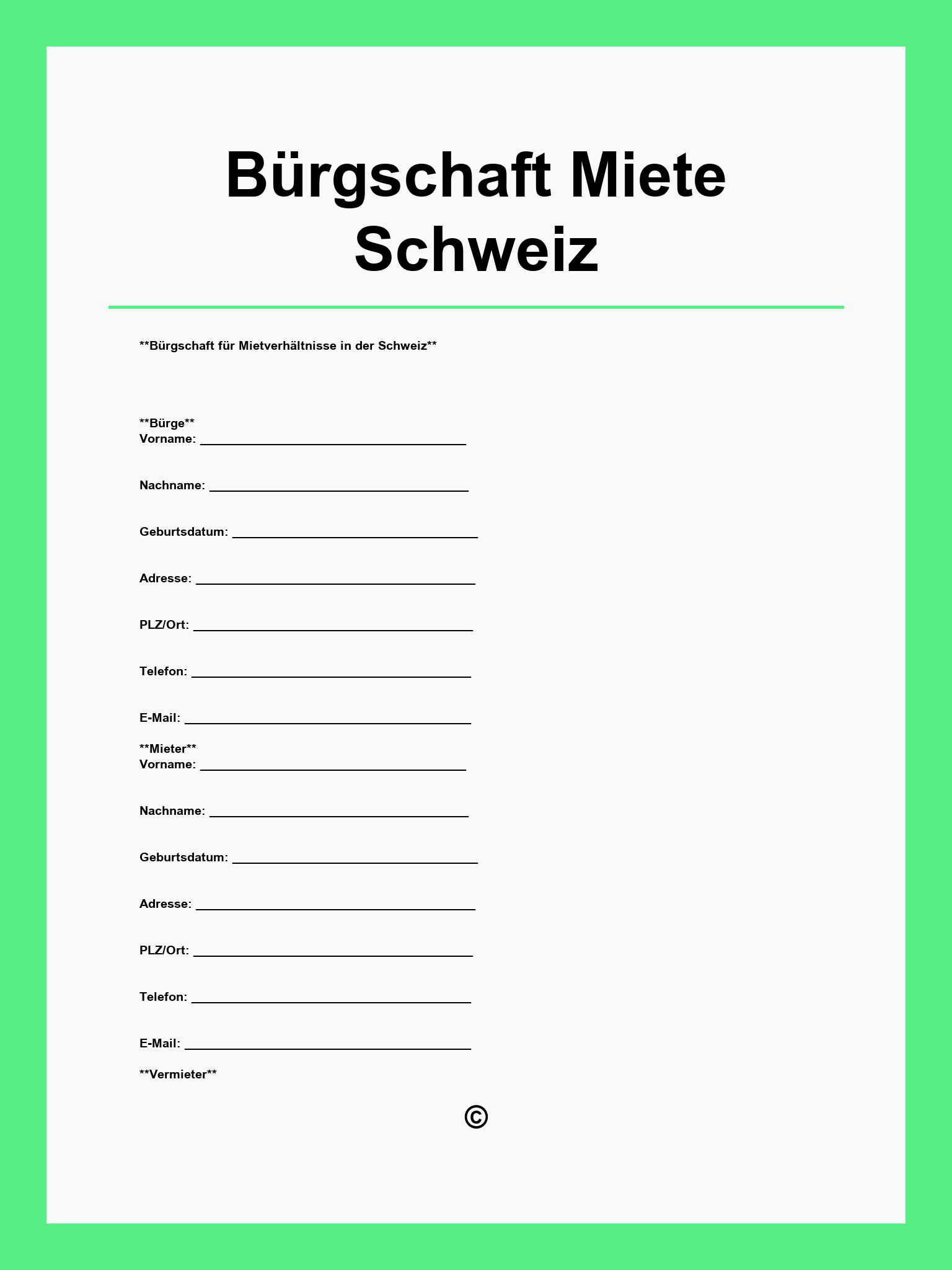 Bürgschaft Miete Vorlage Schweiz