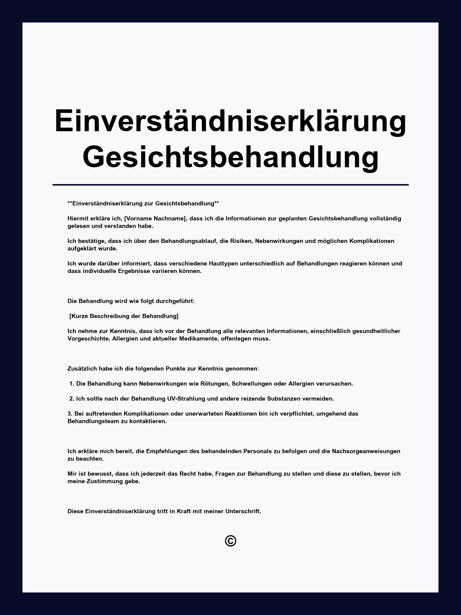 Einverständniserklärung Gesichtsbehandlung