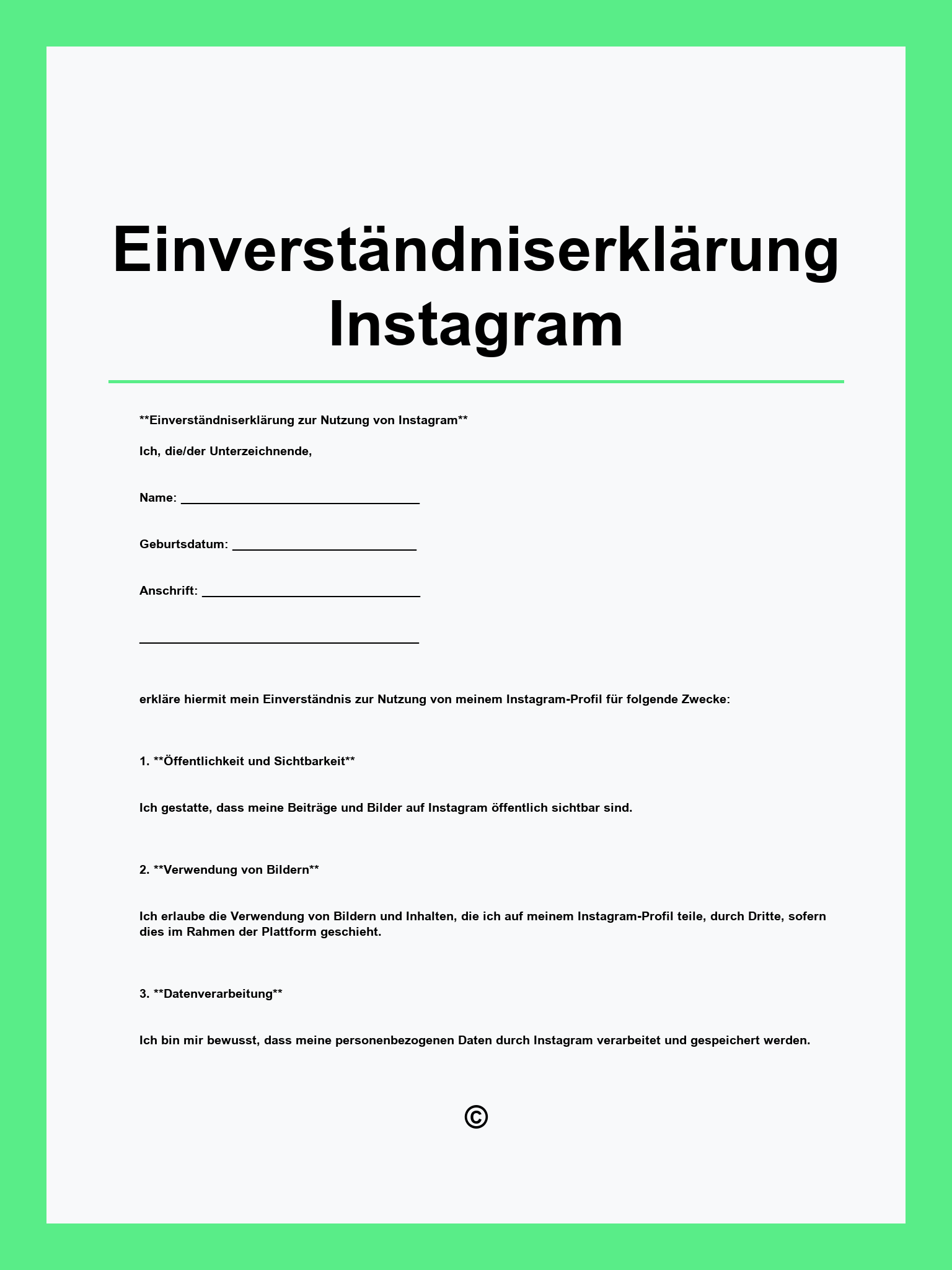 Einverständniserklärung Instagram Vorlage