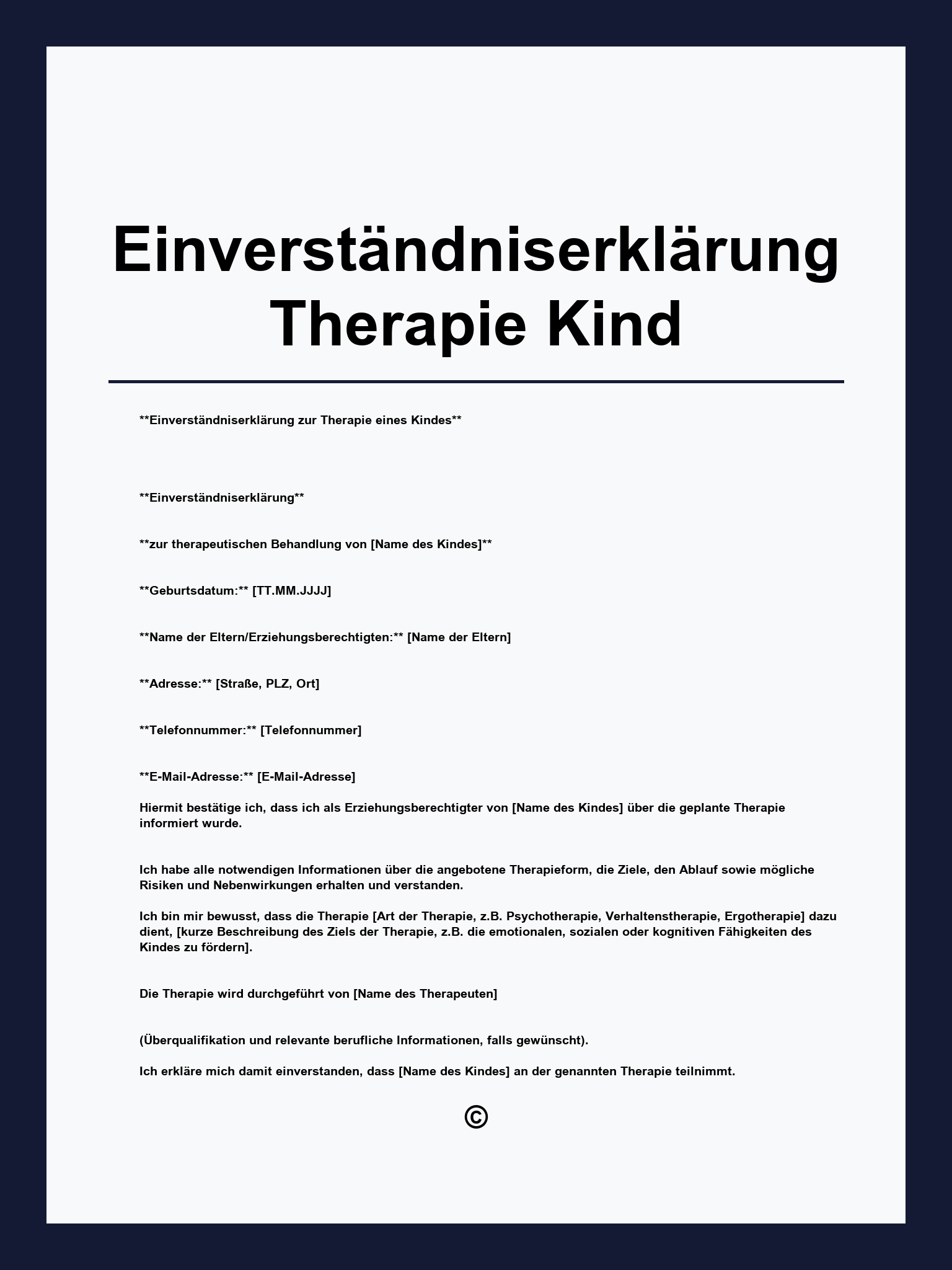 Einverständniserklärung Therapie Kind