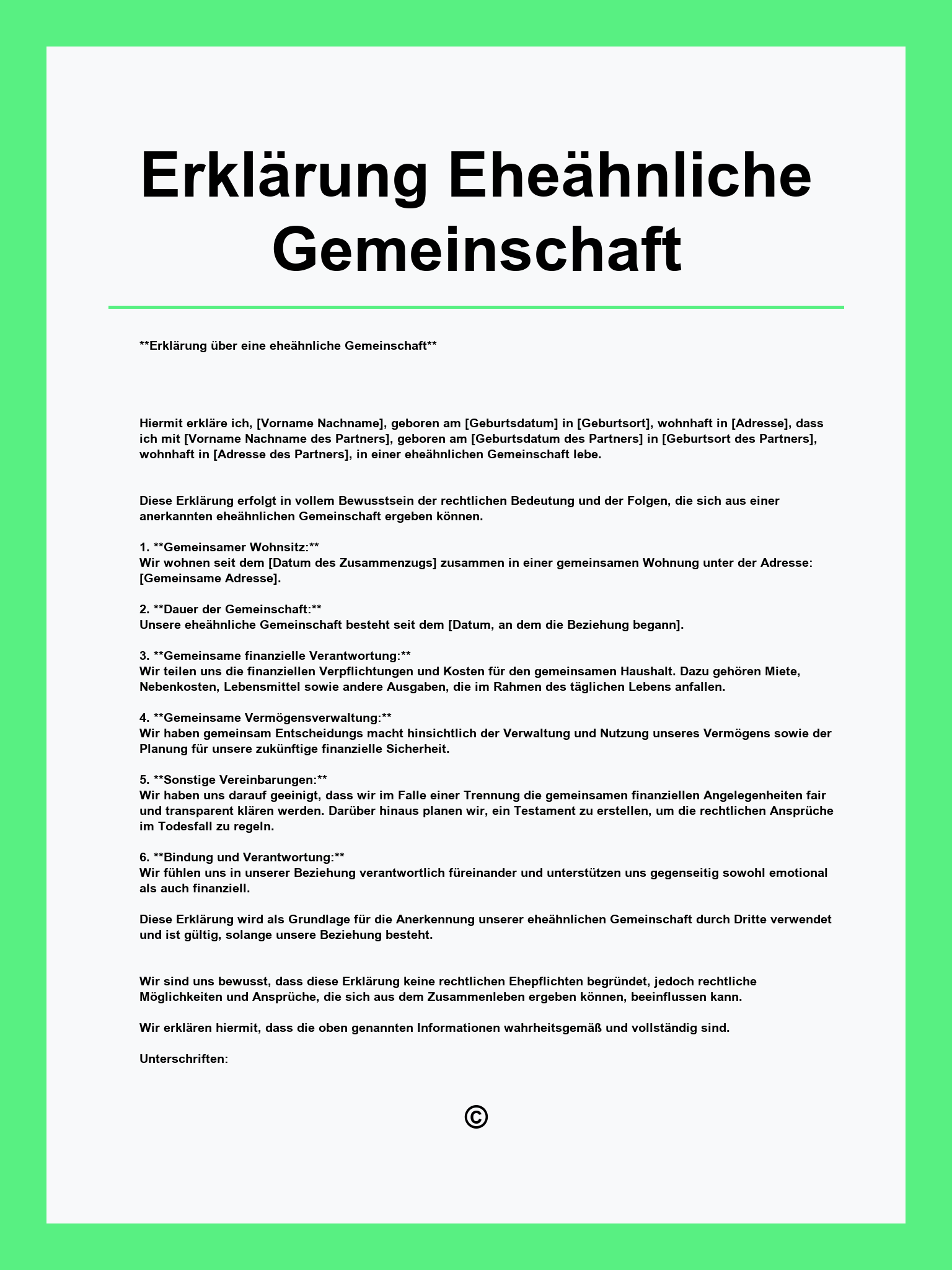 Erklärung Eheähnliche Gemeinschaft Vorlage