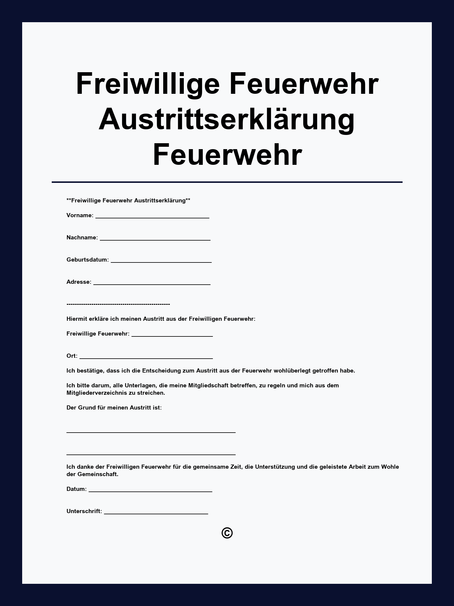 Freiwillige Feuerwehr Austrittserklärung Feuerwehr Vorlage