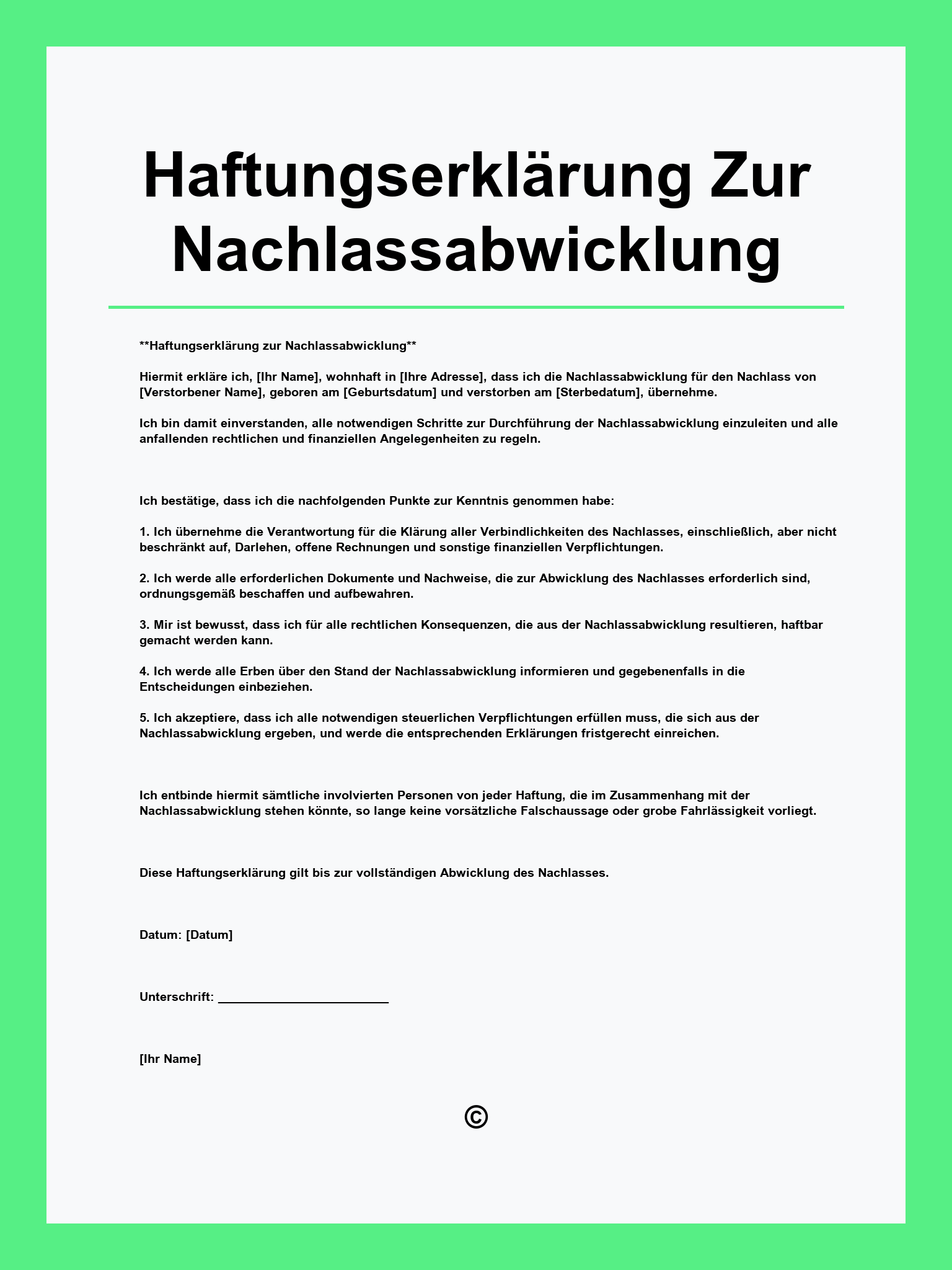 Haftungserklärung Zur Nachlassabwicklung Muster