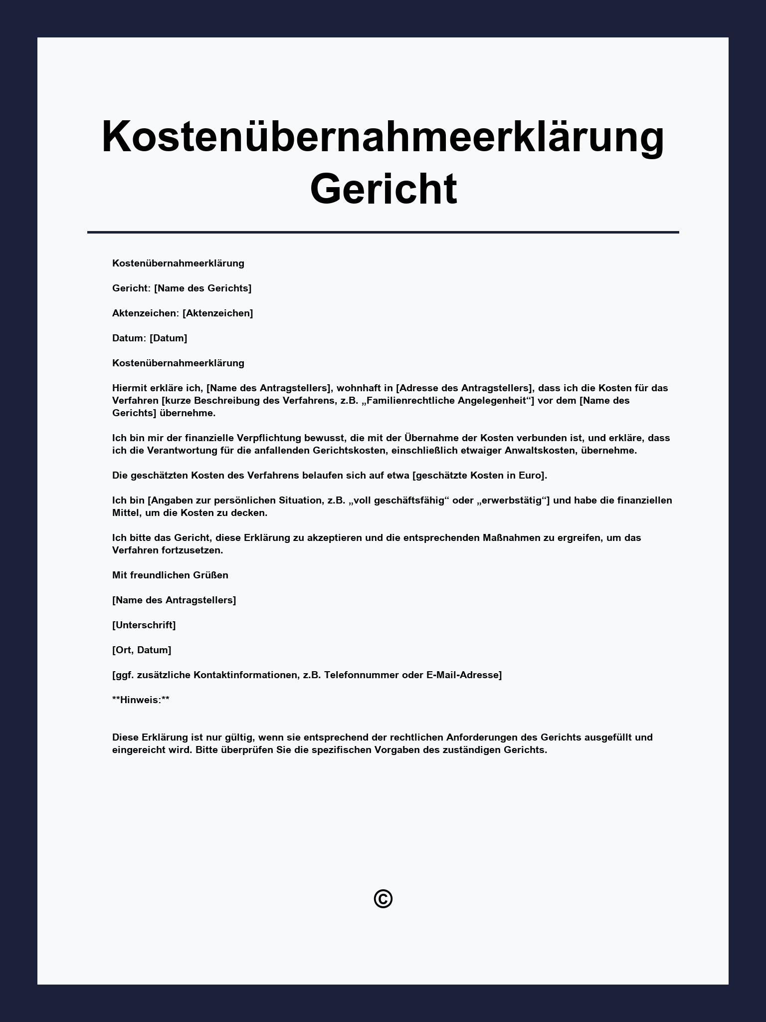 Kostenübernahmeerklärung Gericht Muster