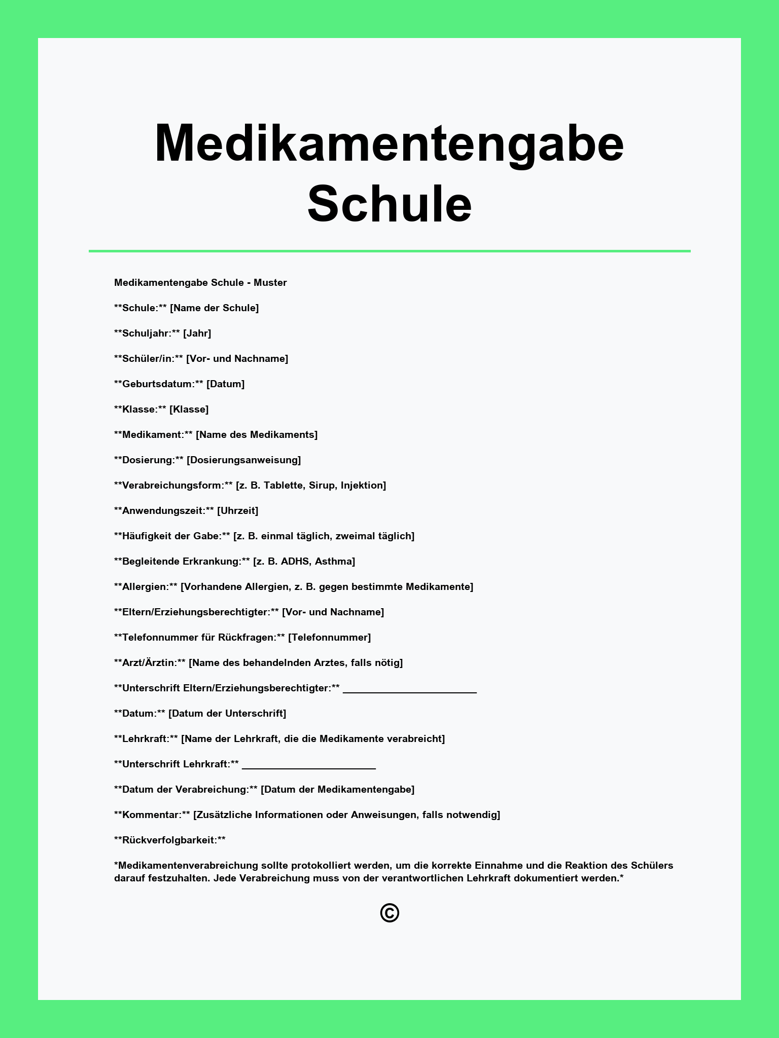 Medikamentengabe Schule Vordruck