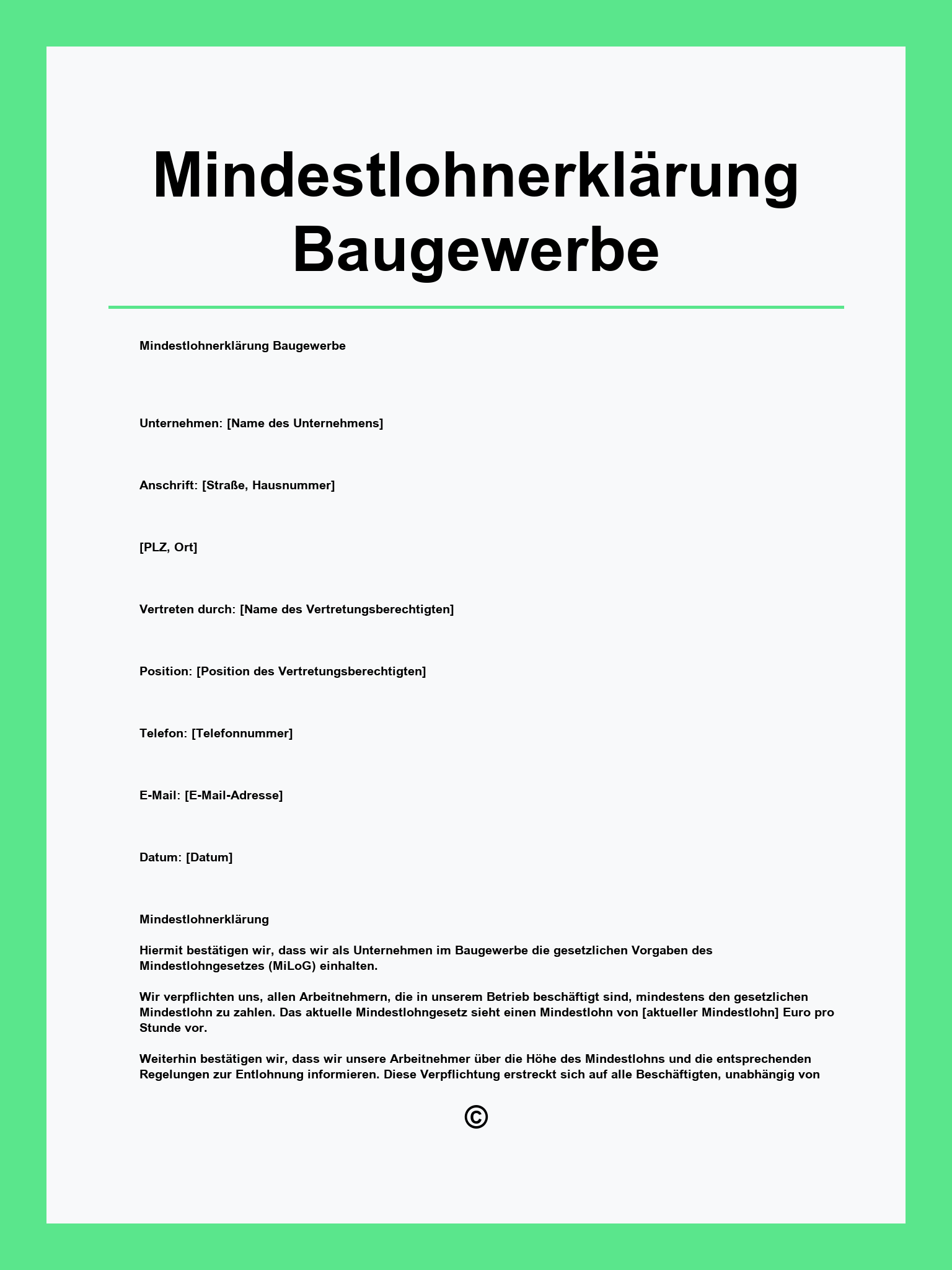 Mindestlohnerklärung Baugewerbe Vorlage