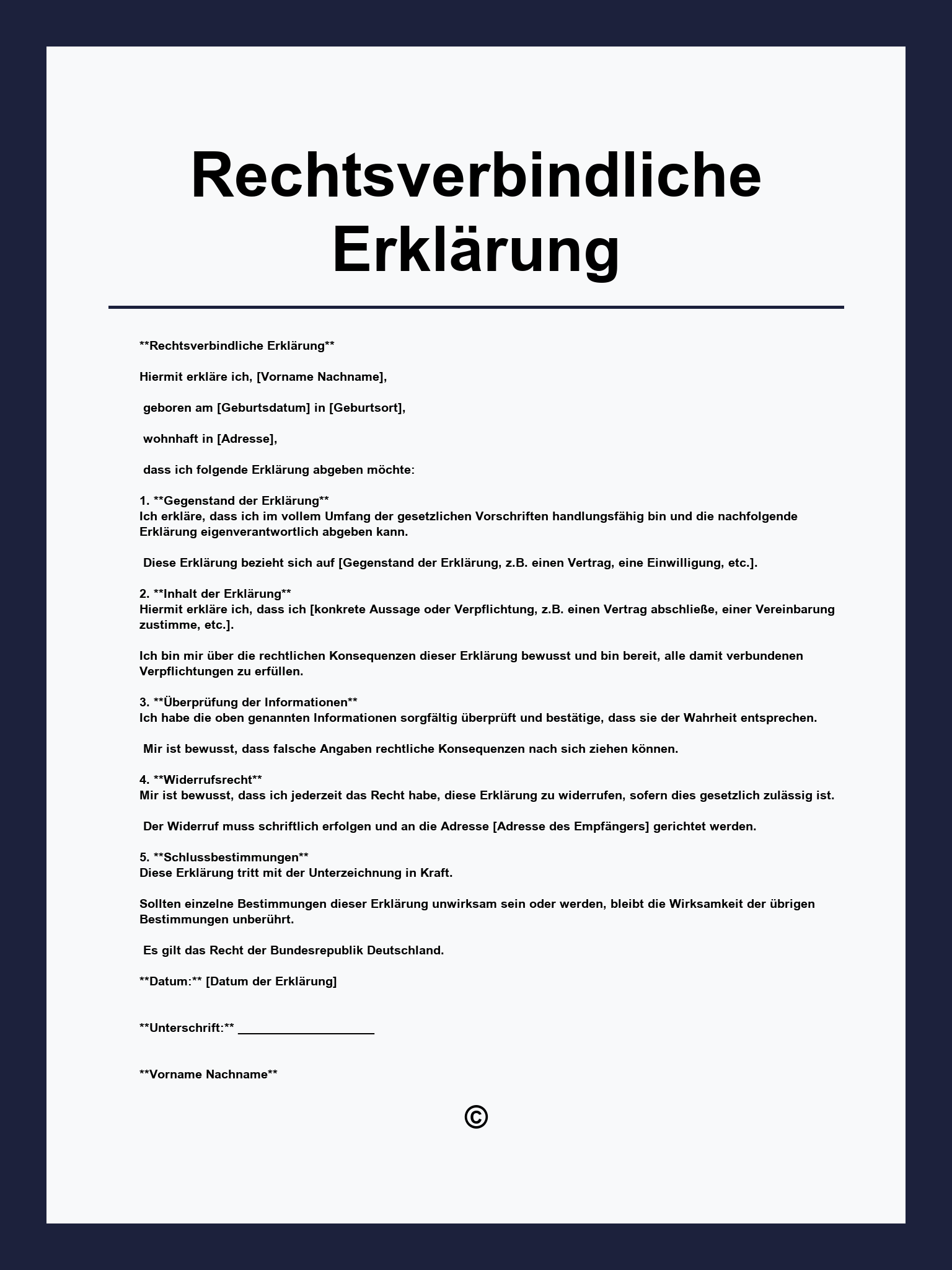Rechtsverbindliche Erklärung Vorlage