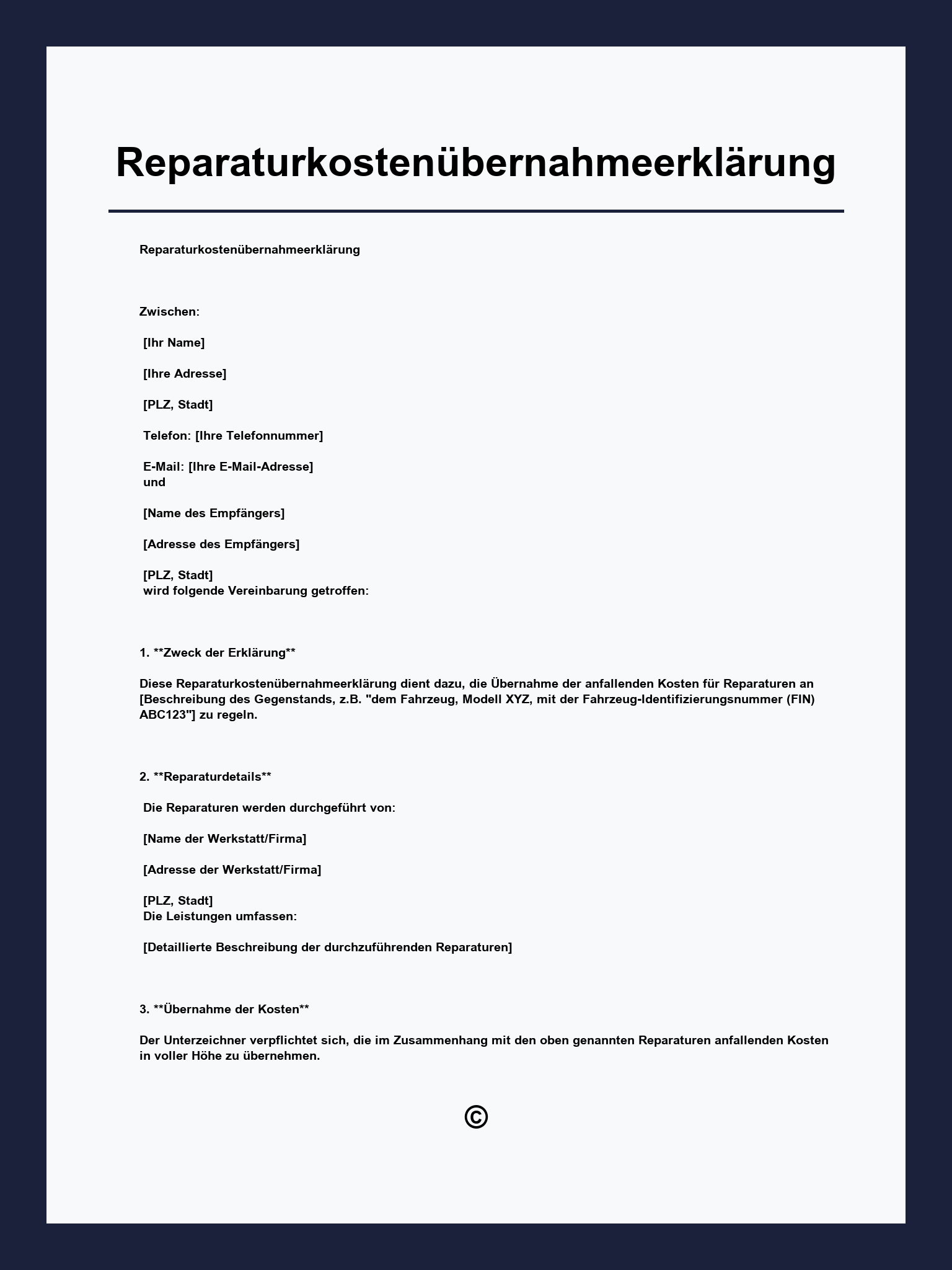 Reparaturkostenübernahmeerklärung