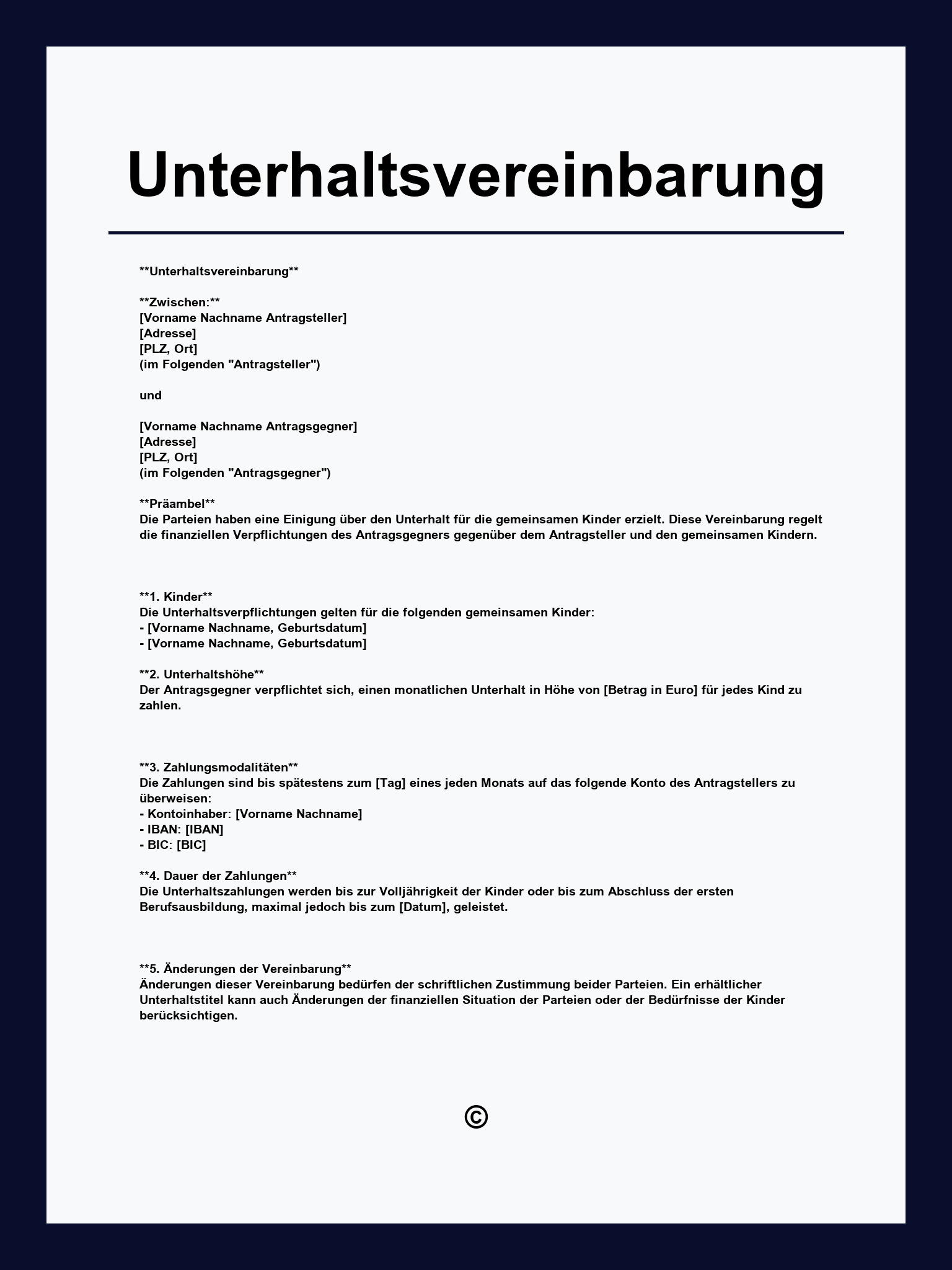 Unterhaltsvereinbarung Vorlage