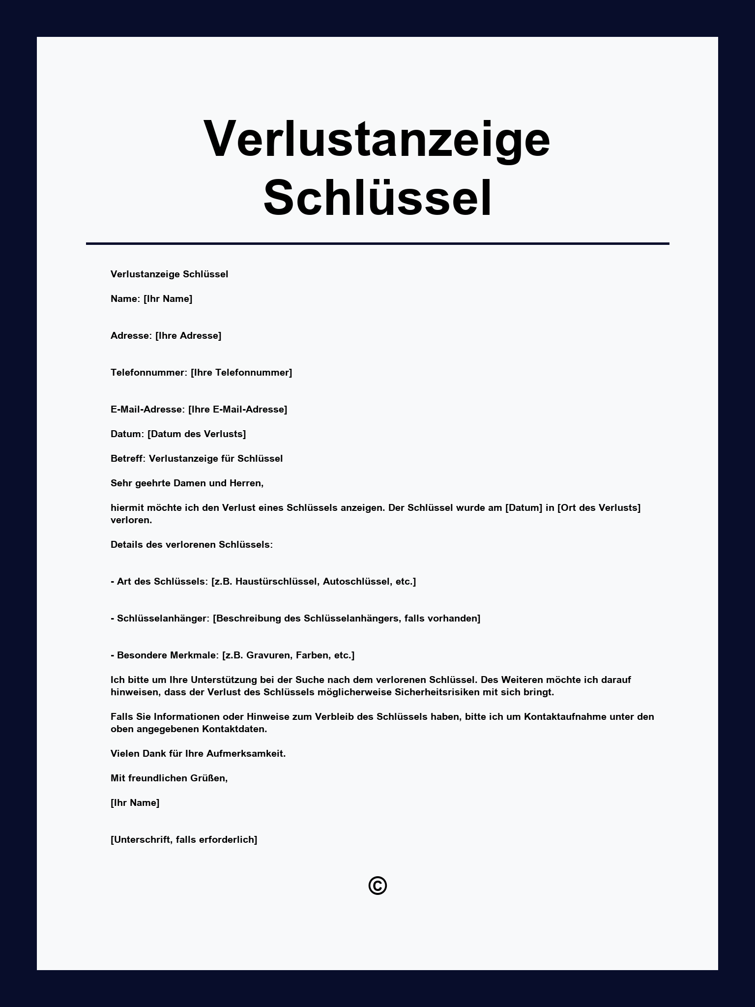 Verlustanzeige Schlüssel Muster